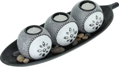 Immagine prodotto di Set di portacandeline Relaxdays con vaschetta e pietre decorative, lunghezza 40,5 cm, decorazione da tavolo per il soggiorno, portacandele, grigio/nero