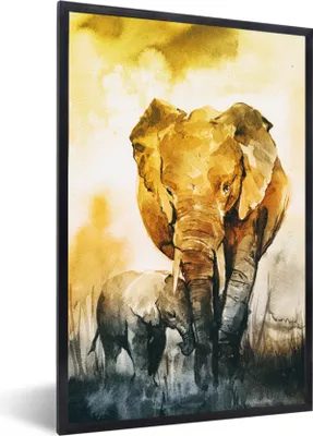 Produktbild von MuchoWow® MuchoWow® Gerahmtes Poster Elefant - Kind - Aquarell 20x30 cm - Poster mit zchwarzem Bilderrahmen - Drucken - Bilder Poster im Rahmen