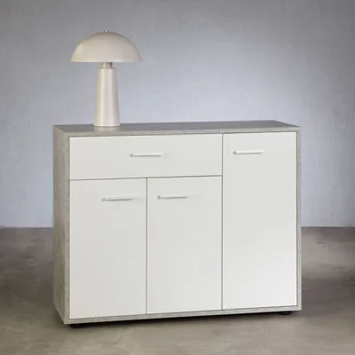 Produktbild von Schuhschrank DEUSTO 3 Türen 1 Schublade 7 Einlageböden für Flur und Eingangsbereich - Schuhregal geschlossen - Schuhaufbewahrung Sideboard betonoptik/weiß