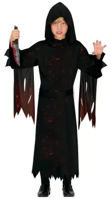 Productafbeelding van Halloween-schaduwkrijger kostuum voor kinderen, met capuchon en details aan de riem. Geschikt voor griezelige avonturen. Donker mantel met spookachtige accenten. Kleur: zwart. Maat: 98/104. Kleur: zwart