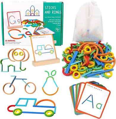 Produktbild von Montessori-Spielzeug ab 3 Jahren – Vorschulbereich – Lernspiele – Holz-Geobrett – 120 Holzstäbe und Ringe