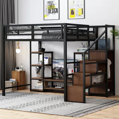 Obrázek produktu pro Merax podkrovní postel 140x200 se stojanem na TV, dětská postel se zásuvkou a bezpečnostním žebříkem, patrová postel z kovu a dřeva, prostorově úsporná podkrovní postel, černá barva