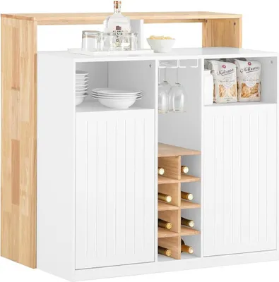 Obrázek produktu pro SoBuy Centrální kuchyňský ostrůvek, kuchyňská skříňka, kuchyňská police, kuchyňský pracovní stůl, bufetová skříňka, příborník, barový stůl se 2 dvířky, držák na sklenice na víno