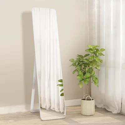 Image de Miroir corporel 2 en 1, à poser ou à fixer au mur, dimensions 155x37 cm, cadre en bois, couleur blanche