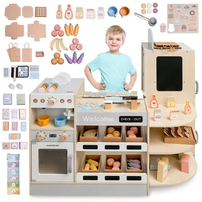 Produktbild von Holz Kinderladen mit Kasse, Schnellimbiss-Theke, Kaffeemaschine, Backofen, Kühlschrank, 106 Zubehörteile, Eckladen