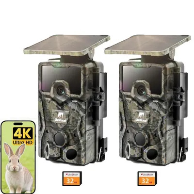 Image de Caméra de chasse solaire Usogood 4K IP66, étanche, avec vision nocturne, détecteur de mouvement et carte mémoire de 32 Go incluse (lot de 2)