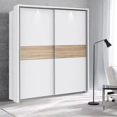 Image de Armoire à portes coulissantes, armoire à vêtements, armoire de chambre à coucher, blanc et chêne Sonoma, 170 cm