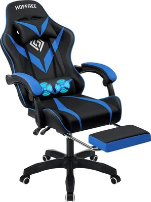 Obrázok produktu pre Herná stolička s masážnou funkciou – ergonomická kancelárska stolička – nosnosť do 90 kg – nastaviteľná výška – funkcia odpočinku s podnožkou – bedrová opierka – modrá a čierna