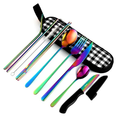 Produktbild von Campingbesteck Set aus Edelstahl, 10-teiliges Reisebesteck Set mit Etui, Besteckset mit Bestecktasche für unterwegs, Outdoor Besteck mit Göffel, Spork, Messer usw. (Regenbogen)