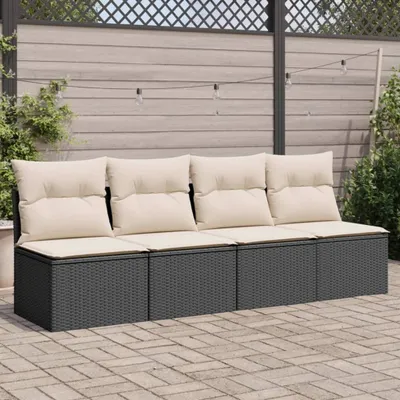 Produktbild von Design Gartensofa mit Kissen 4-Sitzer Schwarz Poly Rattan, Gartensofas 2024 Neu
