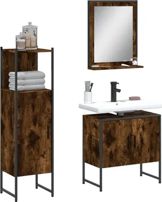 Produktbild von Design 3-tlg. Badmöbel-Set Räuchereiche Holzwerkstoff, Badezimmerschränke 2024 Neu