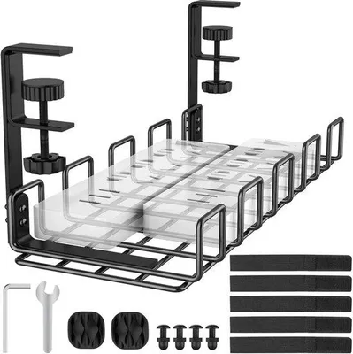 Productafbeelding van Ibenzoa® Metalen kabelhouders voor bevestiging (zonder boren) – kabelorganisatie onder het bureau, 40x16x18 cm, draagvermogen 9 kg, zwart, inclusief kabelbinders en clips