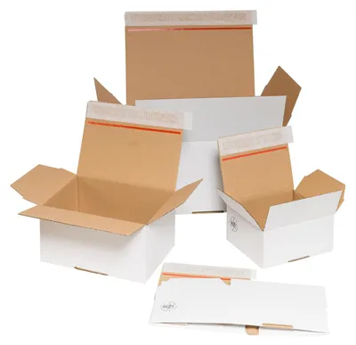 Produktbild von 10x Schnellaufrichtekarton 160x130x70mm Selbstklebeverschluss Aufreißfaden Automatikboden weiß