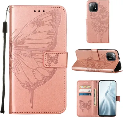 Produktbild von Xiaomi Mi 11 Hülle, Schmetterling Prägung Flip Leder Kartenfächer Schutzhülle Ledertasche mit Ständer für Xiaomi Mi 11 Roségold