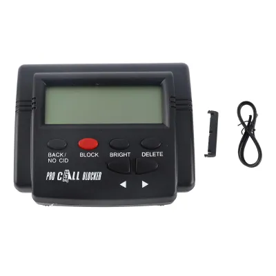 A black call blocker device with a screen and buttons is shown against a white background. Accessories are to the right.
