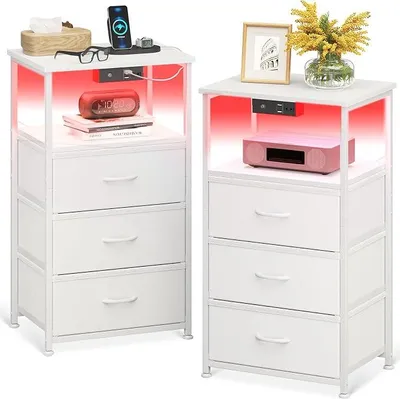 Imagen del producto de Conjunto de 2 mesitas de noche blancas, con 2 puertos USB, 1 enchufe y luces LED
