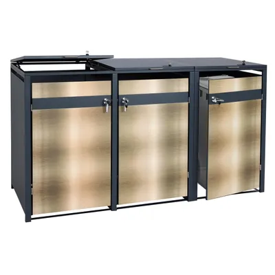 Produktbild von 3er Mülltonnenverkleidung HWC-J82, Mülltonnenbox, erweiterbar, Metall 80kg, anthrazit gold