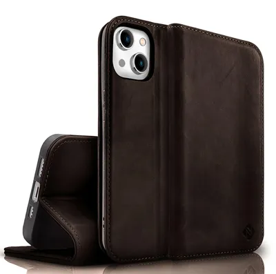 Obrázek produktu pro NALIA pravé kožené flipové pouzdro pro iPhone 15 Plus, hovězí kůže, ochranný kryt, kožené pouzdro, ochrana RFID, skládací, tmavě hnědé