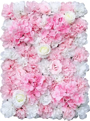 A wall of artificial pink and white flowers.