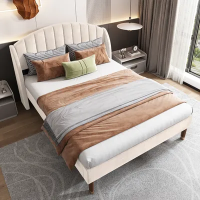 A bedroom scene with a bed, nightstand, and window.