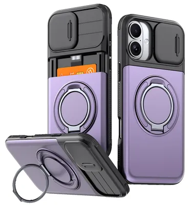 Image de Étui pour iPhone 14 / iPhone 13 / iPhone 16e / iPhone 17e avec compartiment pour cartes, protection coulissante pour l'appareil photo, anneau et support, étui de protection antichoc violet