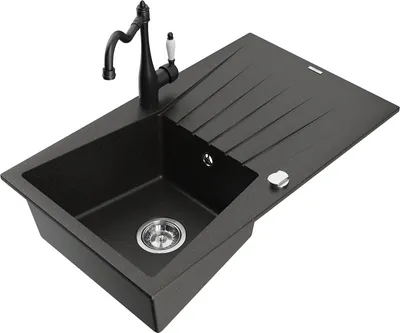 Produktbild von Mexen Cesar 1 Becken-Granitspüle mit Abtropffläche und Mischbatterie Carla, Schwarz/Gold metallisch - 6514-75-670700-70