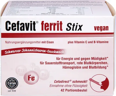 Immagine prodotto di Cefavit ferrit Stix polvere per l'energia e contro la stanchezza al gusto di ribes nero, 42 bustine
