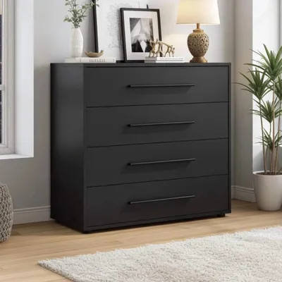 Produktbild von Modena K4SZ Kommode 100 cm – moderne Kommode mit 4 großen Schubladen, funktionaler Stauraumschrank für Wohnzimmer, Schlafzimmer, Jugendzimmer und Büro (Schwarz)