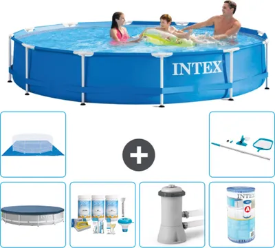 Produktbild von Intex-Schwimmbecken mit rundem Rahmen – 366 x 76 cm – Blau – im Lieferumfang enthalten Abdeckung - Wartungspaket - Filterpumpe für Schwimmbad - Filter - Bodenplane - Reinigungskit