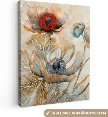 Produktbild von MuchoWow® - Leinwandbilder - Blumen - Beige - Modern - Illustration, Wandbild, Wanddeko Bilder Wohnzimmer, 90x120 cm