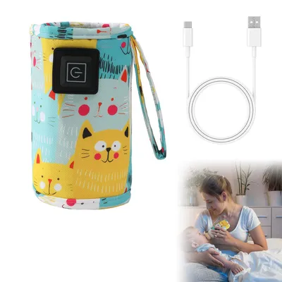 Produktbild von Tragbarer Baby Flaschenwärmer USB, 3 Temperaturstufen, Reise Flaschenwärmer Unterwegs, universell kompatibel, Gelbes Kätzchen Design