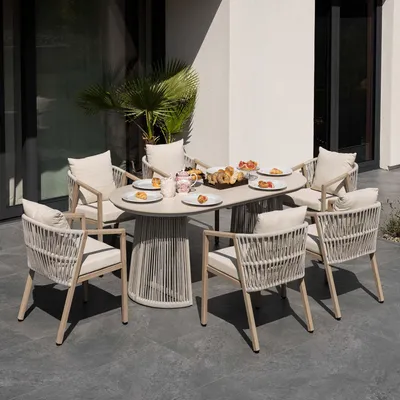 Produktbild von di volio Gartenmöbel Set ARNELI – beige, großzügige Gartengarnitur mit Tisch und 6 Stühlen, Terrassenmöbel für außen, stabil & bequem