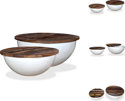 Immagine prodotto di vidaXL Set di tavolini da caffè 2pcs. in legno massiccio vecchio bianco a forma di ciotola - Tavolini da caffè
