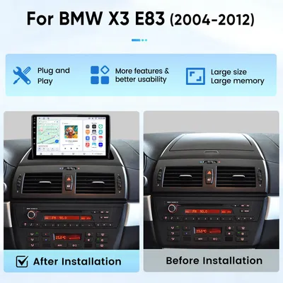 Obrázek produktu pro 9" autorádio s Androidem 15 a CarPlay pro BMW X3 E83 (2004–2012), 8+256 GB, bezdrátové CarPlay a Android Auto, 4G, Wi-Fi, GPS navigace, Bluetooth, DSP, USB, 360° kamera