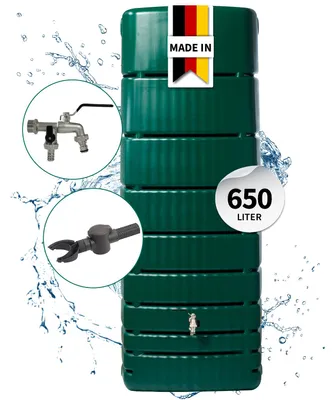 Produktbild von 4rain SLIM Regentonne Wandtank Komplett-Set 650 Liter dunkelgrün inkl. Chrom-Doppelauslaufhahn und Fallrohranschluss