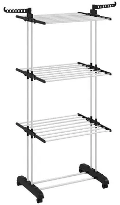 Produktbild von Wäschetrockner auf Rollen - Klappbarer Wäscheständer - Edelstahl - 73 x 64 x 177 cm - 6 Trockenstangen - Seitliche Flügel - Armeegrün