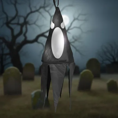 Produktbild von Halloween-Dekoration, beleuchteter Geist, schwarz, mit 10 farbigen LEDs, zum Aufhängen, benötigt 2 x 2032 Batterien, Größe: 75 x 20 cm