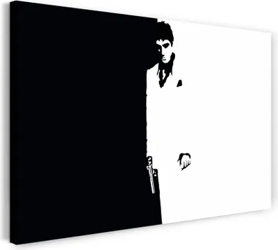 Produktbild von Leinwandbild (120x80cm): Filmplakat Filmmotiv Scarface Tony Montana Hintergrund schwarz-weiß, echter Holz-Keilrahmen inkl. Aufhänger, handgefertigt in Deutschland