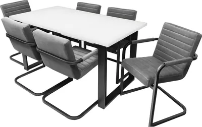 Produktbild von GOLDSTOFF 6-er stuhle mit tisch set GRAND, Esszimmertisch weiß, Tisch 150+(40)X 80 cm breite, Esszimer set, Holztisch, Samt Stuhl