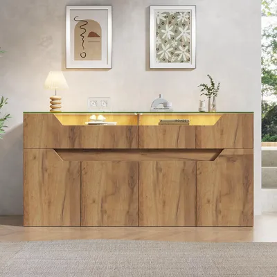 Obrázok produktu pre Komoda Merax so sklenenou doskou, úložná skriňa s 2 zásuvkami, obývacia skriňa z MDF v drevenom vzhľade, nosnosť 30 kg, prírodná farba
