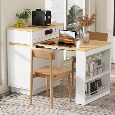 Immagine prodotto di Isola da cucina MODFU con ruote, piano estendibile 109 cm, tavolo multifunzionale con illuminazione LED, porte USB/Type-C, spazio contenitivo, ganci e cassetti, colore bianco