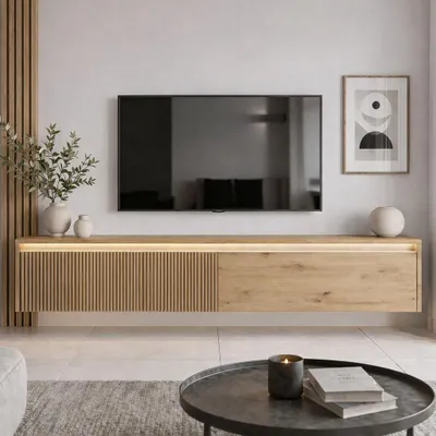 Produktbild von Modernes TV-Lowboard 170 cm LUMI IV Artisan Eiche - Hängender, geriffelter Fernsehschrank mit LED-Beleuchtung & Push-to-Open