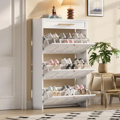 Obrázek produktu pro Bílá botník z MDF, 6 přihrádek + 1 zásuvka, moderní design