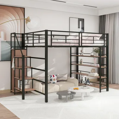 Produktbild von Metall-Hochbett 140 x 200 cm mit Stauraumtreppe, Kleiderschrank, Schubladen, Regalen und hohem Rausfallschutz, Jugendbett, Einzelbett, Schwarz