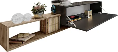 A modern TV lowboard with open shelves and a cabinet with a drop-down door.