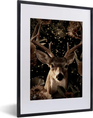 Produktbild von MuchoWow® MuchoWow® Gerahmtes Poster Hirsche - Pflanzen - Gold 30x40 cm - Poster mit zchwarzem Bilderrahmen - Wandposter Schlafzimmer