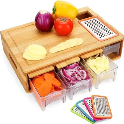 Produktbild von Bamboo Deluxe 3-in-1 Schneidebrett – Schneidebrett, 4 Reiben, 4 Fächer mit Holzdeckeln – integrierter Griff – BPA-frei – Französischer Händler