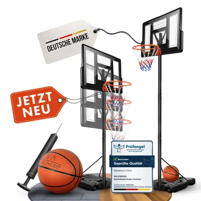 Produktbild von VALENESS® Basketballkorb Outdoor - [135 bis 305 cm] Höhenverstellbarer und Wetterfester Ständer - Profi Korb Mit Basketball und Pumpe (Profi)