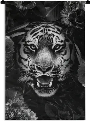 Produktbild von MuchoWow® Wandteppich Wandbehang Tigerkopf zwischen Blumen - schwarz und weiß 120x180 cm Tapisserie Dekoration Wandtuch - Schlafzimmer - Dekorationen für das Haus