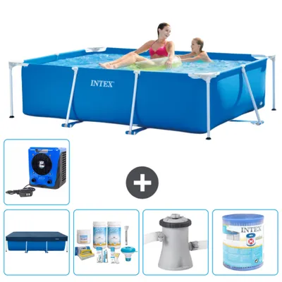 Produktbild von Intex-Schwimmbecken mit rechteckigem Rahmen – 220 x 150 x 60 cm – Blau – im Lieferumfang enthalten Abdeckung - Wartungspaket - Filterpumpe für Schwimmbad - Filter - Wärmepumpe